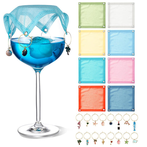 Mumufy eight-set wine glass covers in vibrant colors protect drinks from insects outdoors.