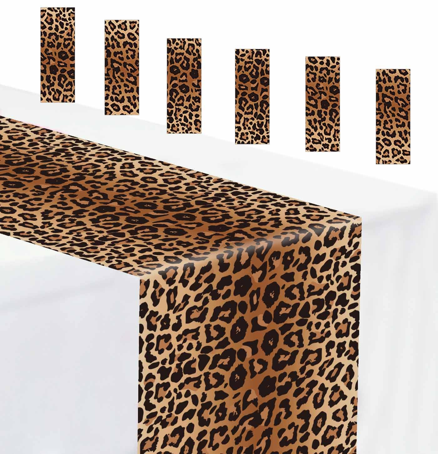 Munilail leopard print table runner on a long table for stylish party décor.