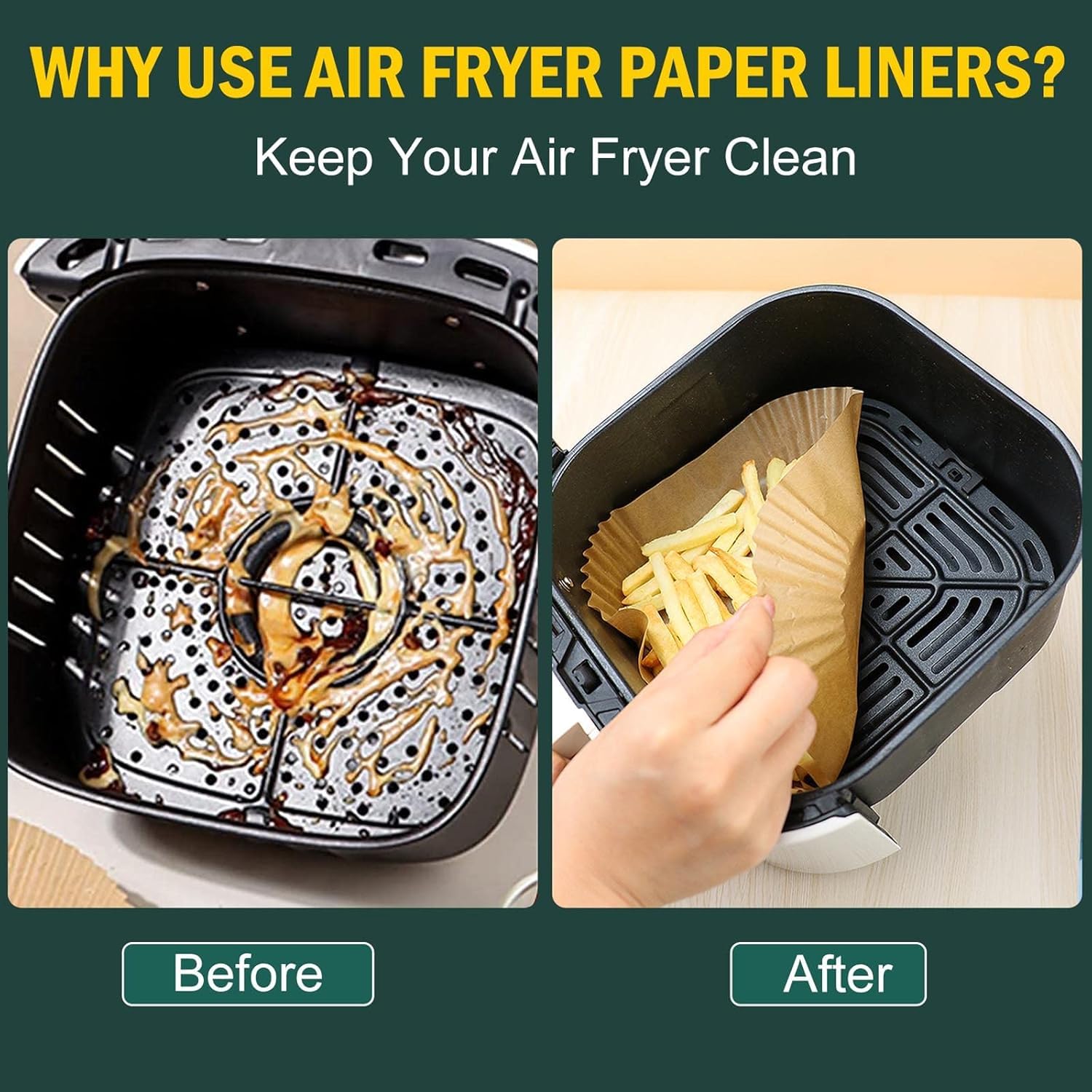 MUOOMU air fryer liner 6.3-inch sheets ready to place for mess-free cooking.