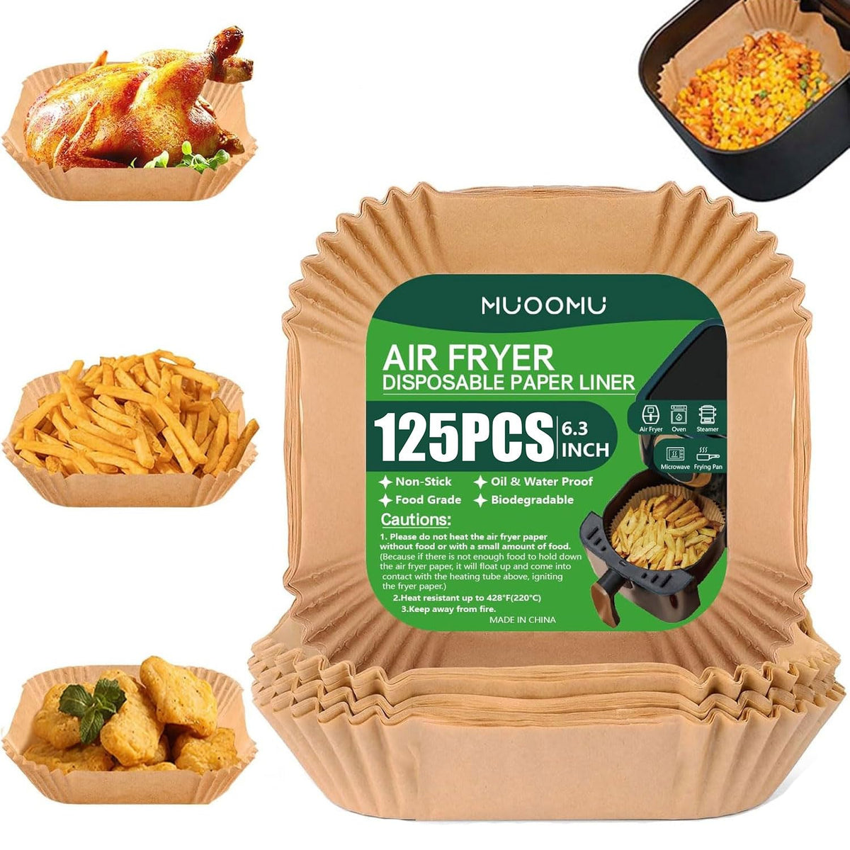 MUOOMU air fryer liner square packaging shown for easy access and organization.