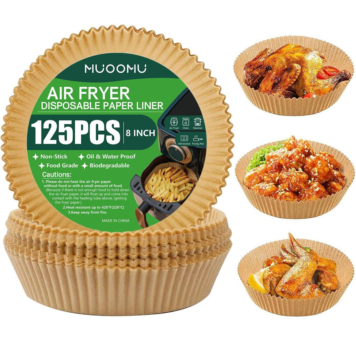 MUOOMU 8-inch air fryer liner packaging for easy dispensing and storage.