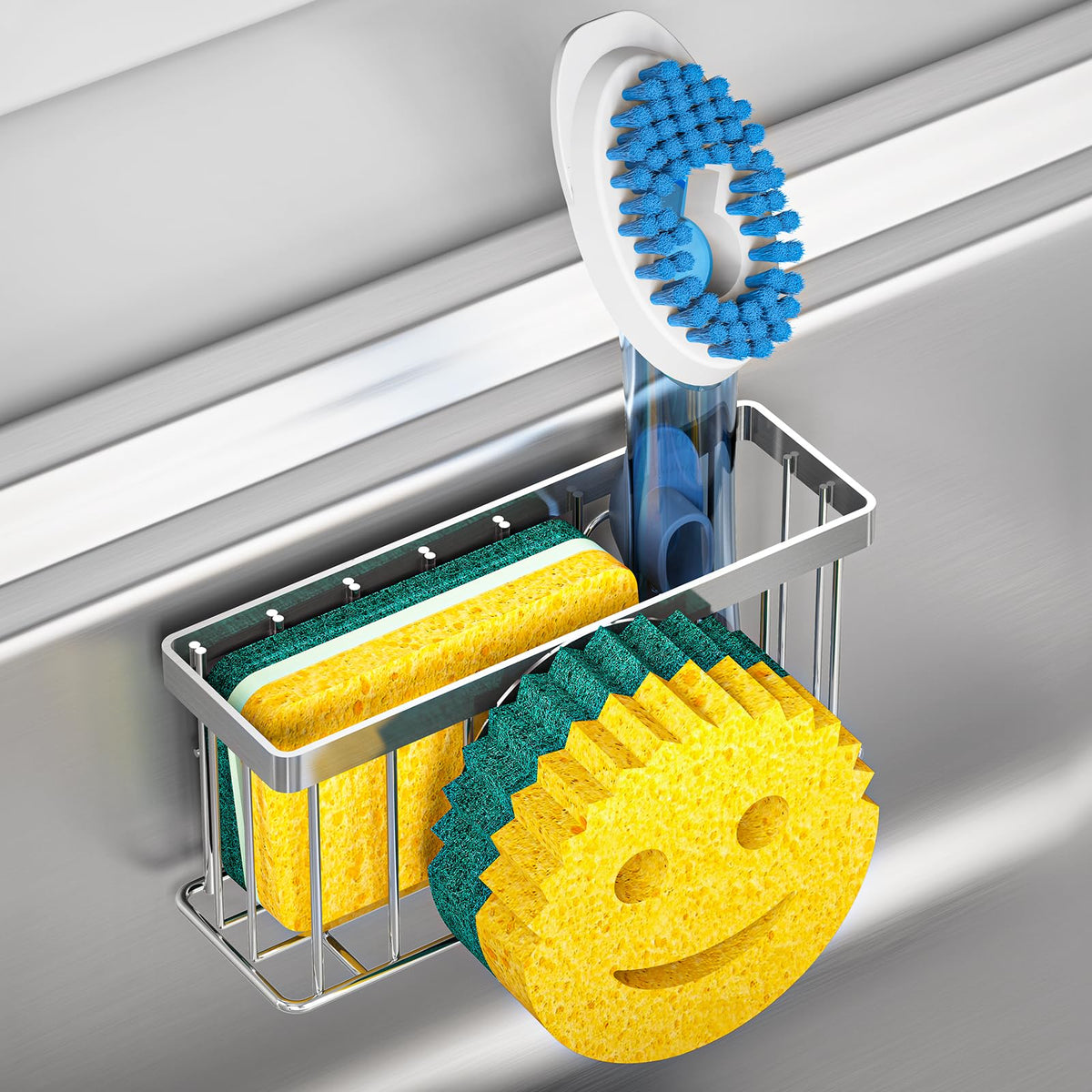 MURLONG Smiley Face Sponge Holder in silver, front view keeps sponges organized and accessible.