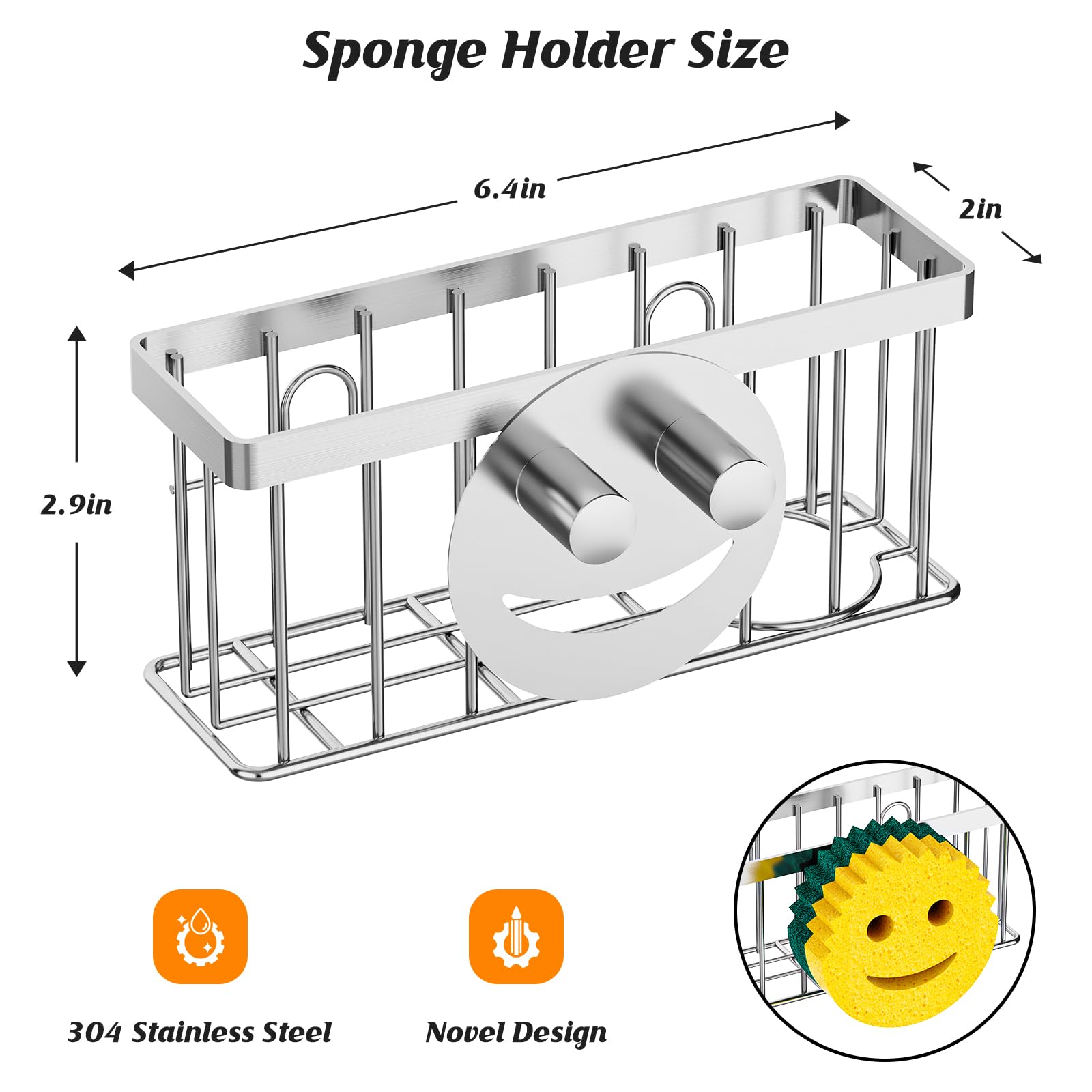 MURLONG sponge holder installed in sink using in-sink mounting with smiley face.