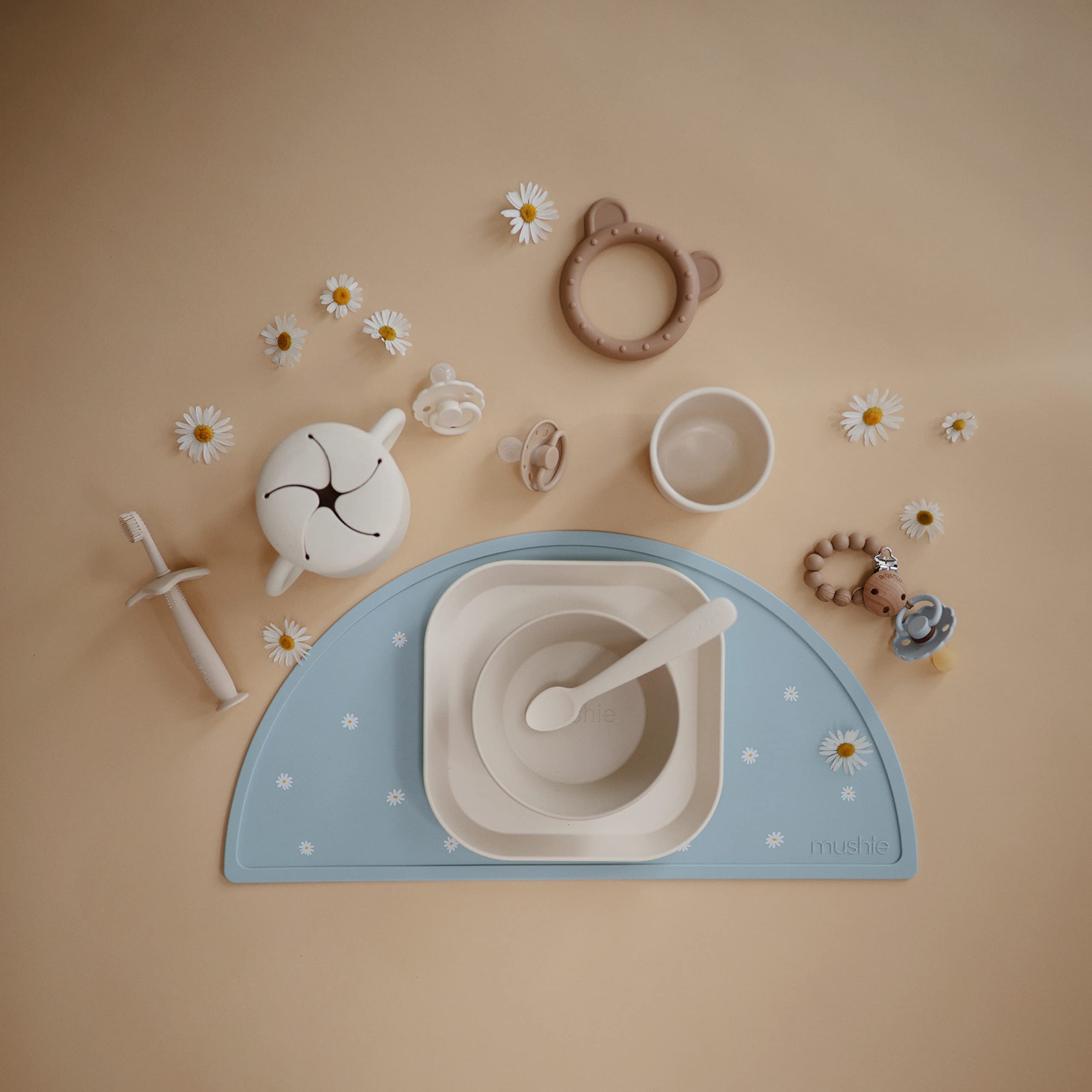 Mushie ivory cups are dishwasher safe for quick cleanup after meals.