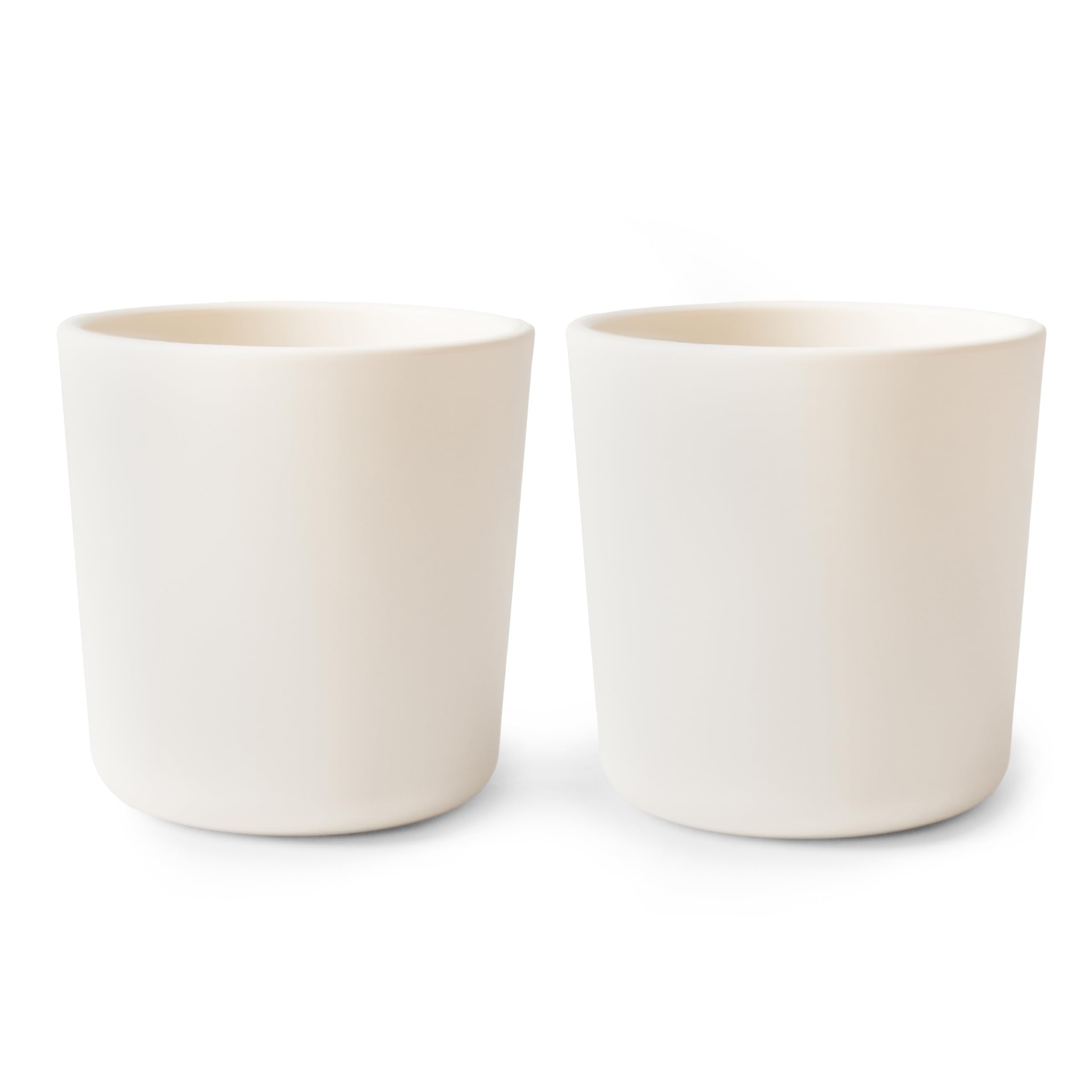 Mushie ivory dinnerware cups for kids, set of two, easy to grip during meals.