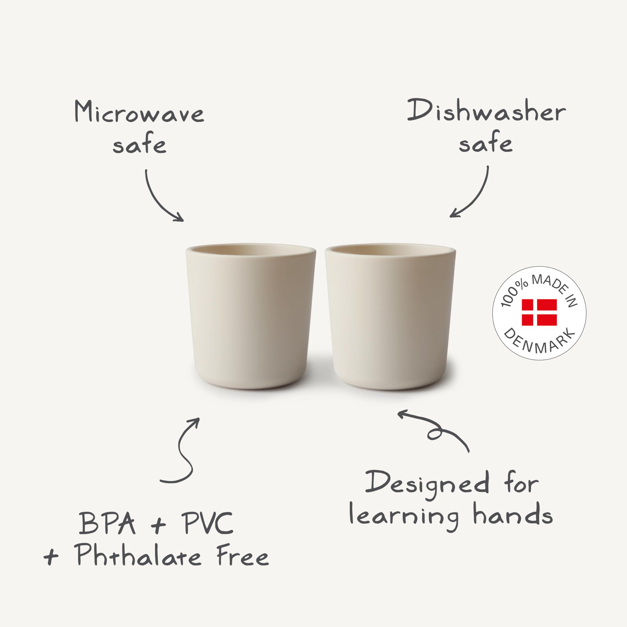 Mushie two-count ivory cups, ideal for meals and snacks.