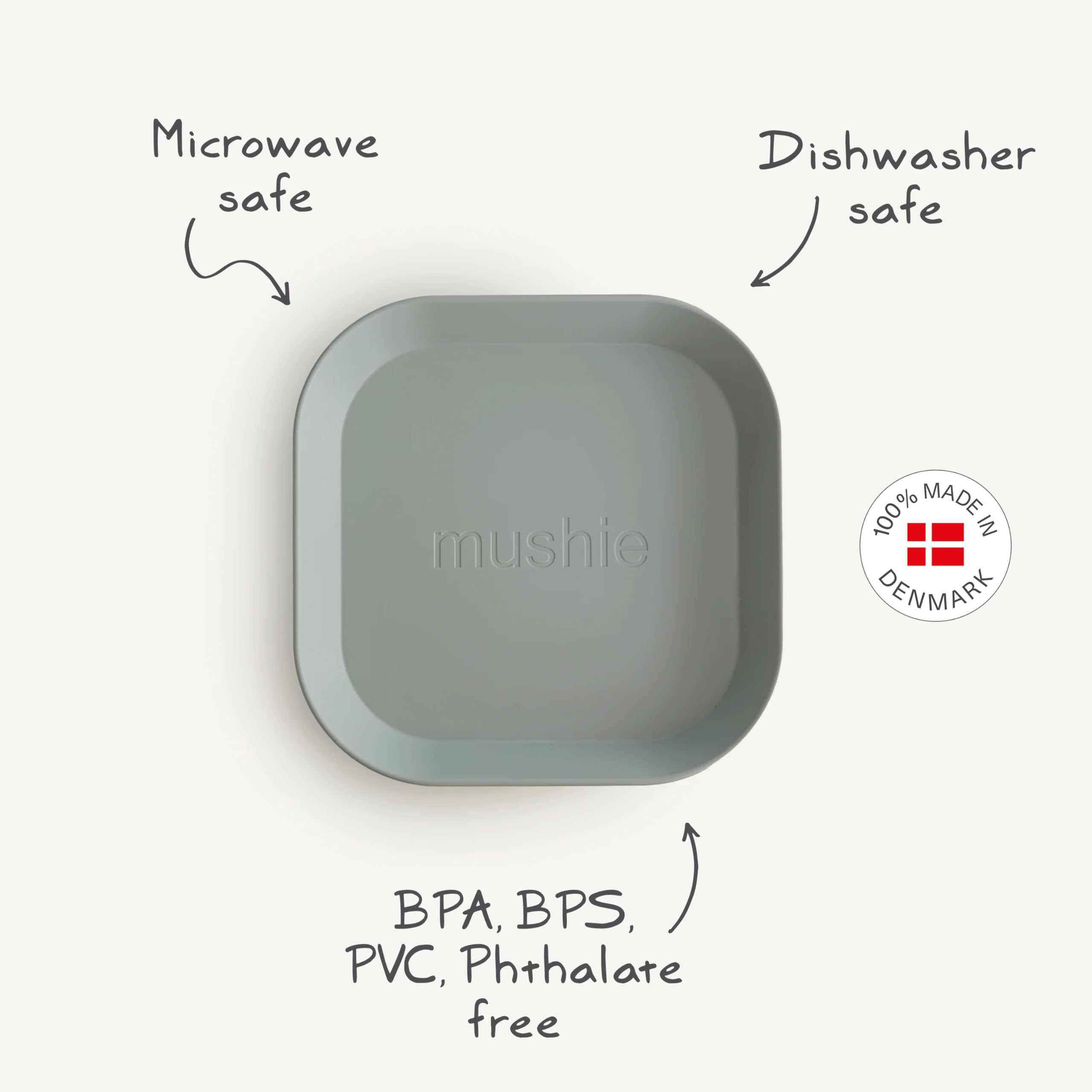 Denmark-made Mushie plates in blush, safe materials for little hands.