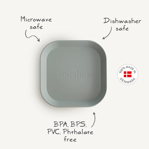 Denmark-made Mushie plates in blush, safe materials for little hands.