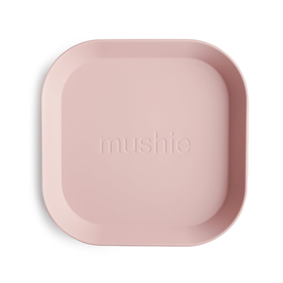 Mushie square dinnerware plates in blush, front view, kid-friendly design for easy handling.
