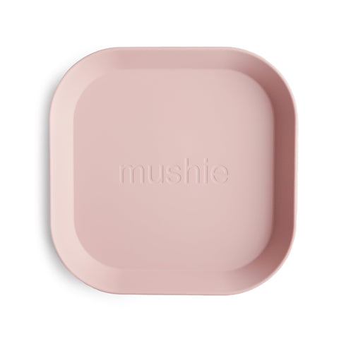 Mushie square dinnerware plates in blush, front view, kid-friendly design for easy handling.
