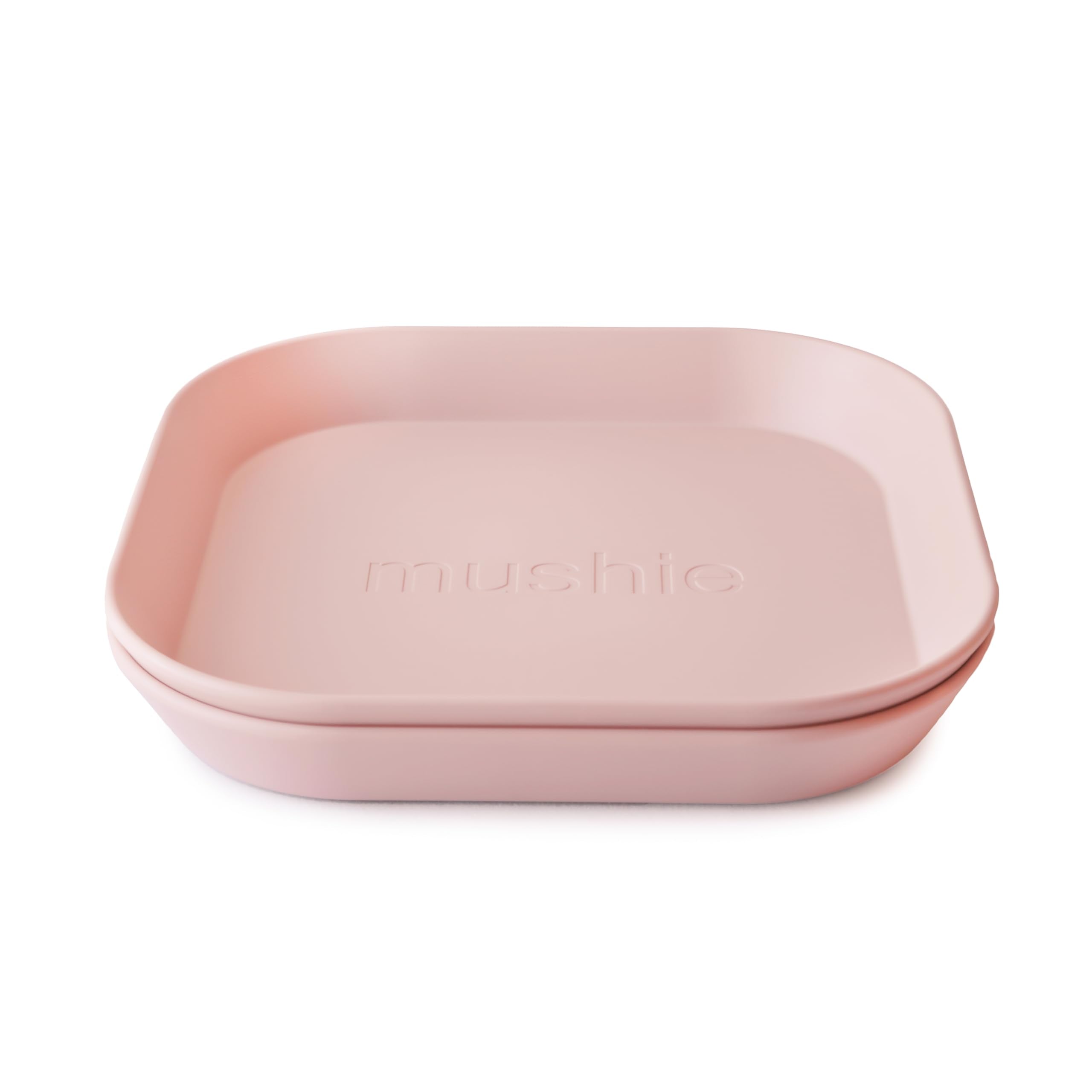 Mushie blush square plate side view, lightweight and durable for everyday use.