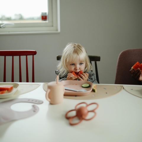 Travel-ready Mushie plates in blush, compact for on-the-go dining.