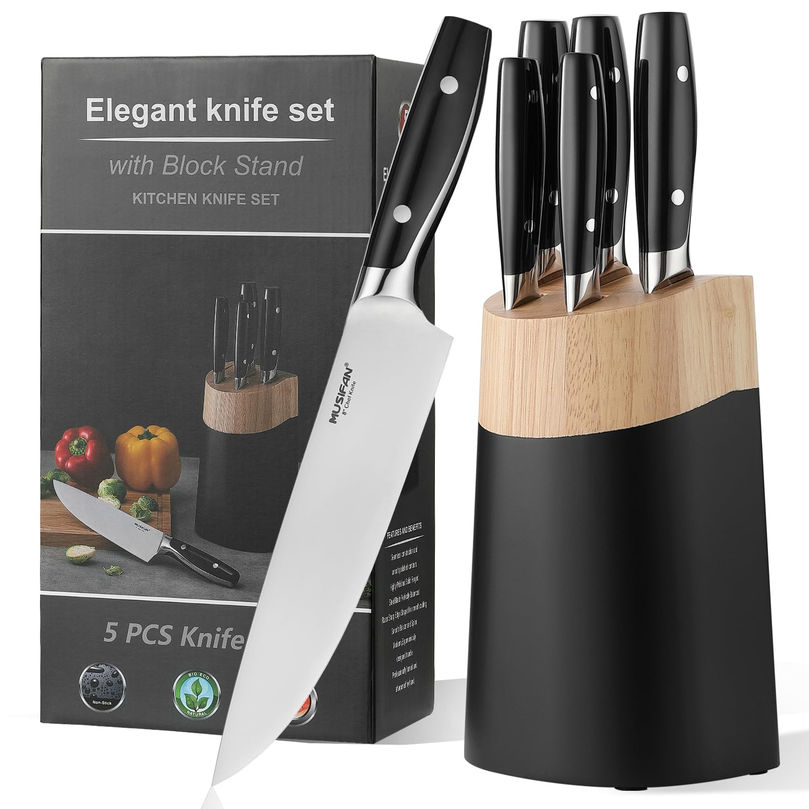 Musifan 6 piece knife block set with compact block for organized storage.