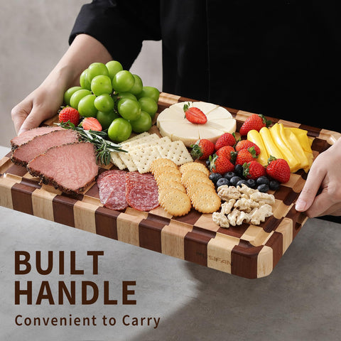 Musifan Acacia cutting board sits stably on counters during prep.