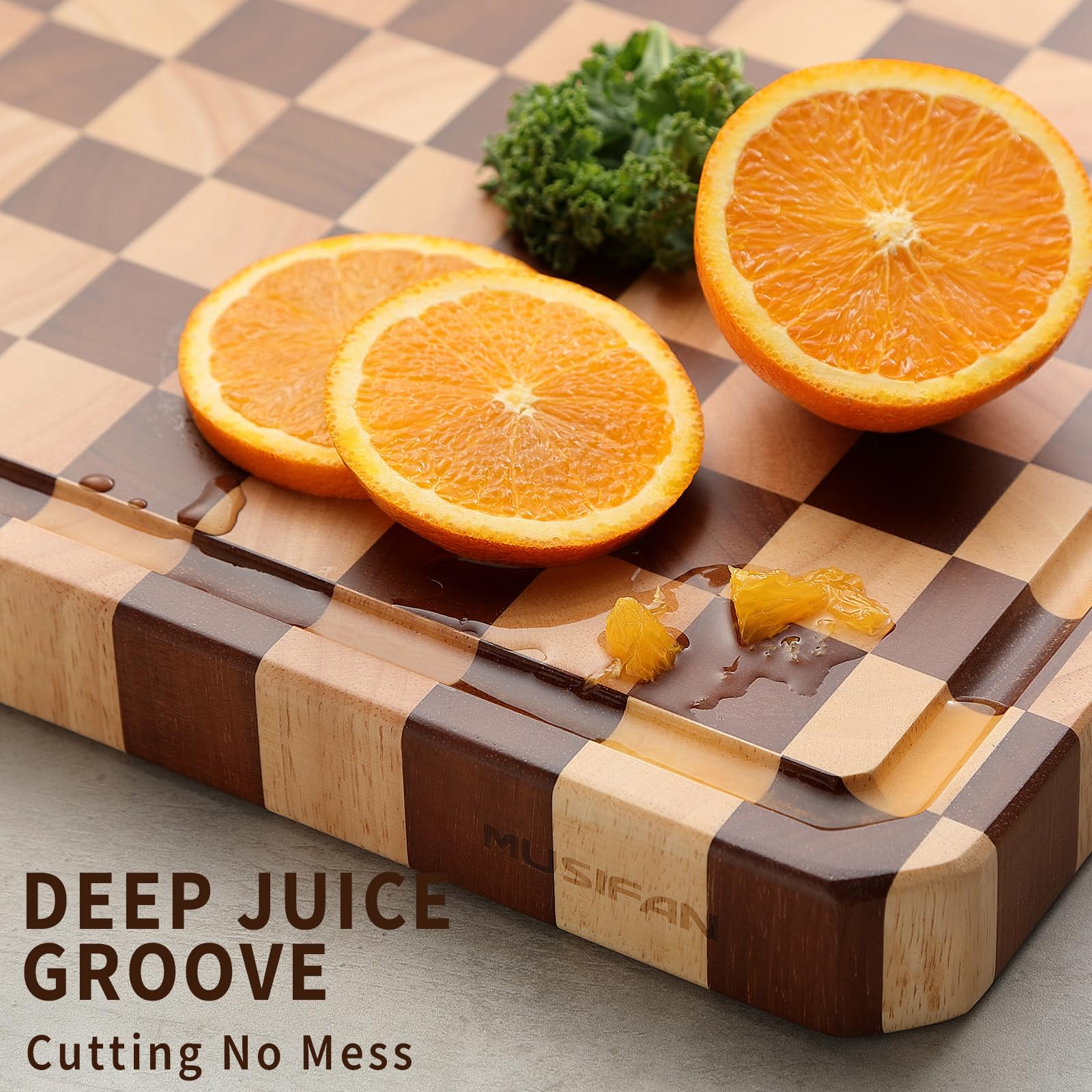 Musifan Acacia cutting board showcases vegetables ready for slicing and dicing.