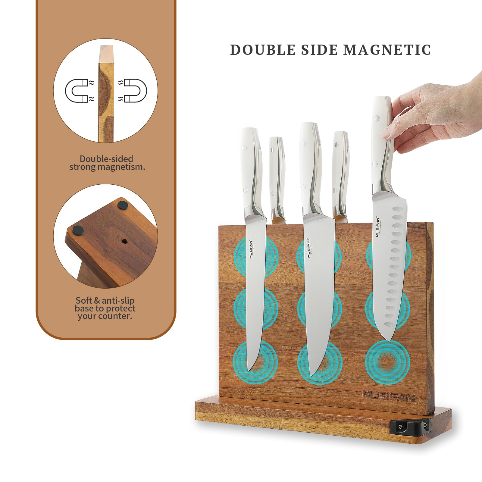 Musifan acacia wood knife block close-up with natural grain finish