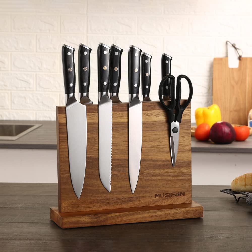 Musifan acacia wood knife block showcases warm grain while organizing blades.