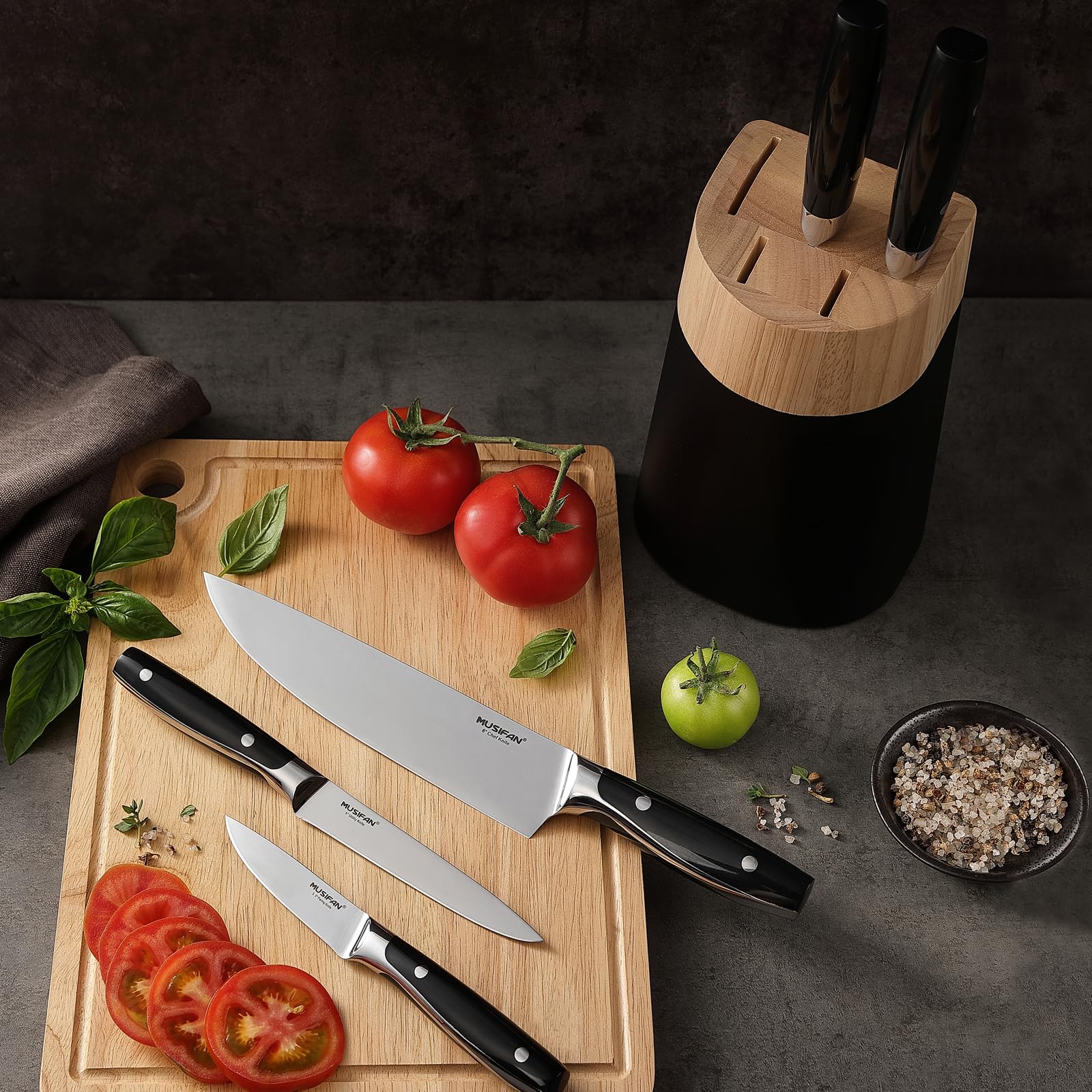 Musifan dishwasher safe knives simplify cleaning and quick kitchen cleanup.