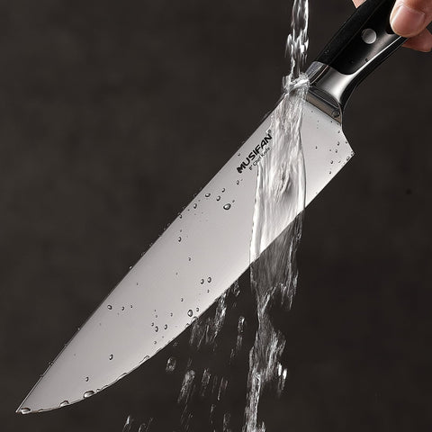 Musifan knife block with wooden stand keeps blades organized and accessible.