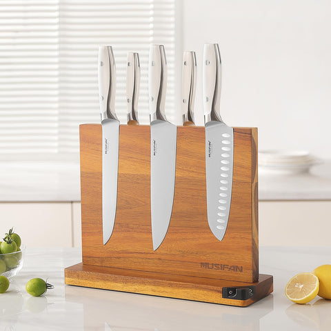 Musifan magnetic knife block side view highlighting slim, space-saving design