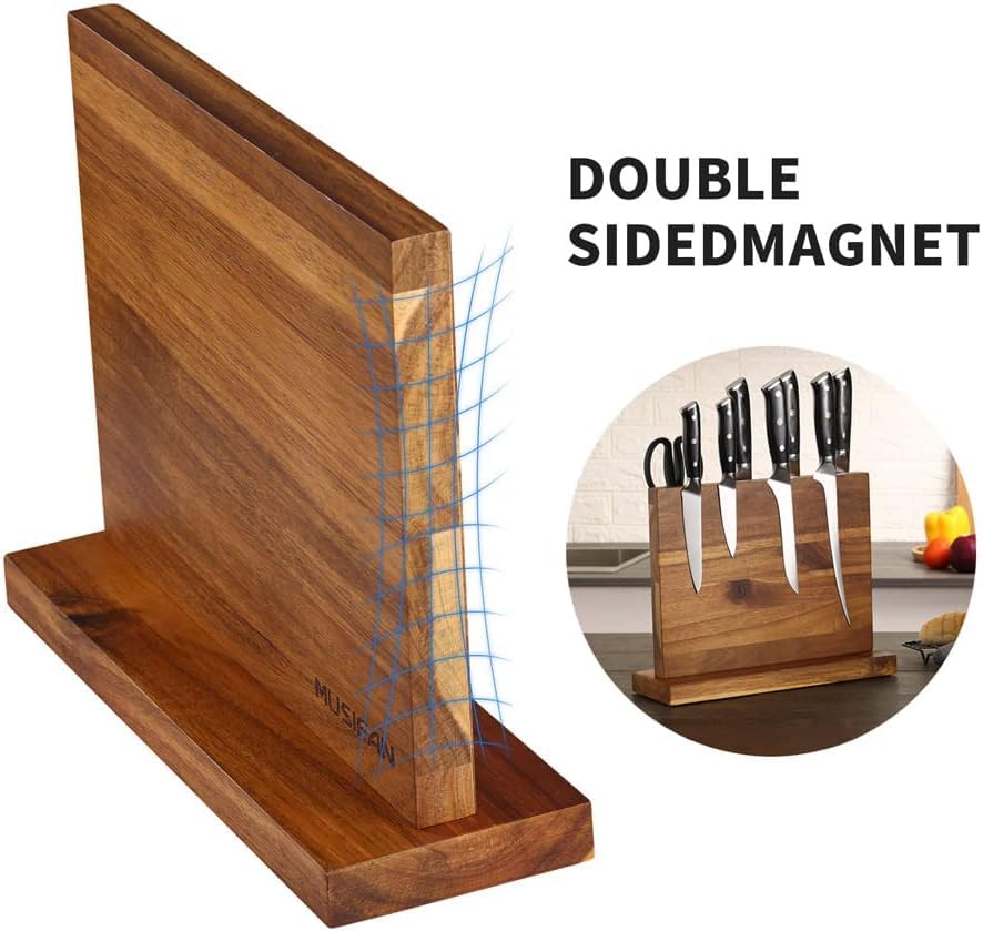 Musifan solid wood acacia base provides sturdy blade storage on the counter.
