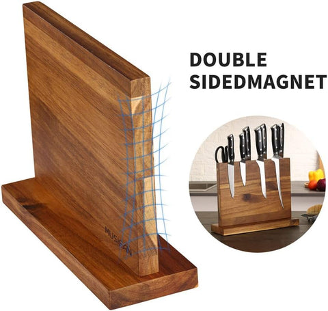 Musifan solid wood acacia base provides sturdy blade storage on the counter.
