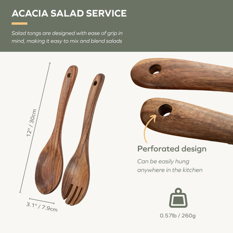 Muso Wood Acacia salad servers close-up highlights natural wood grain and warm tone.