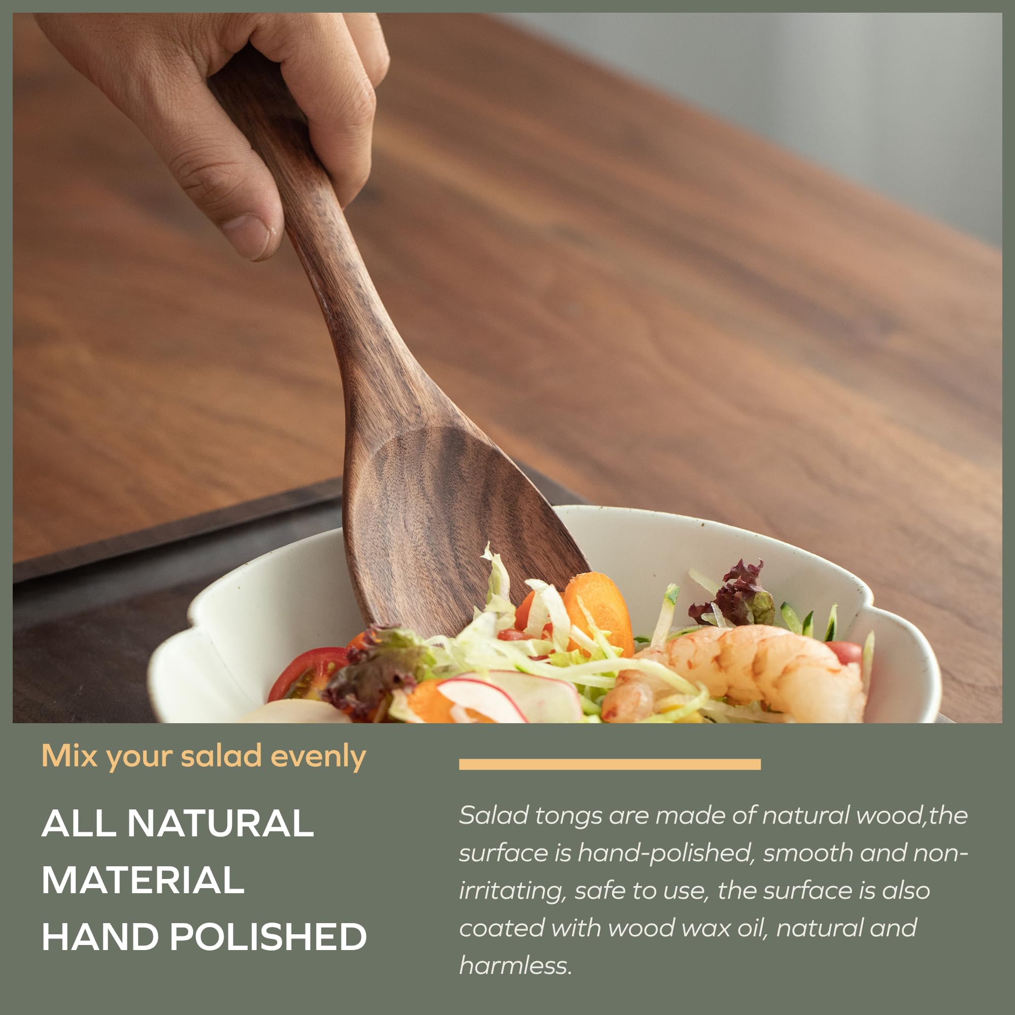 Muso Wood Acacia salad servers shown beside fresh greens for entertaining guests.