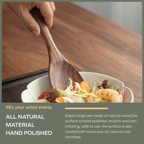 Muso Wood Acacia salad servers shown beside fresh greens for entertaining guests.