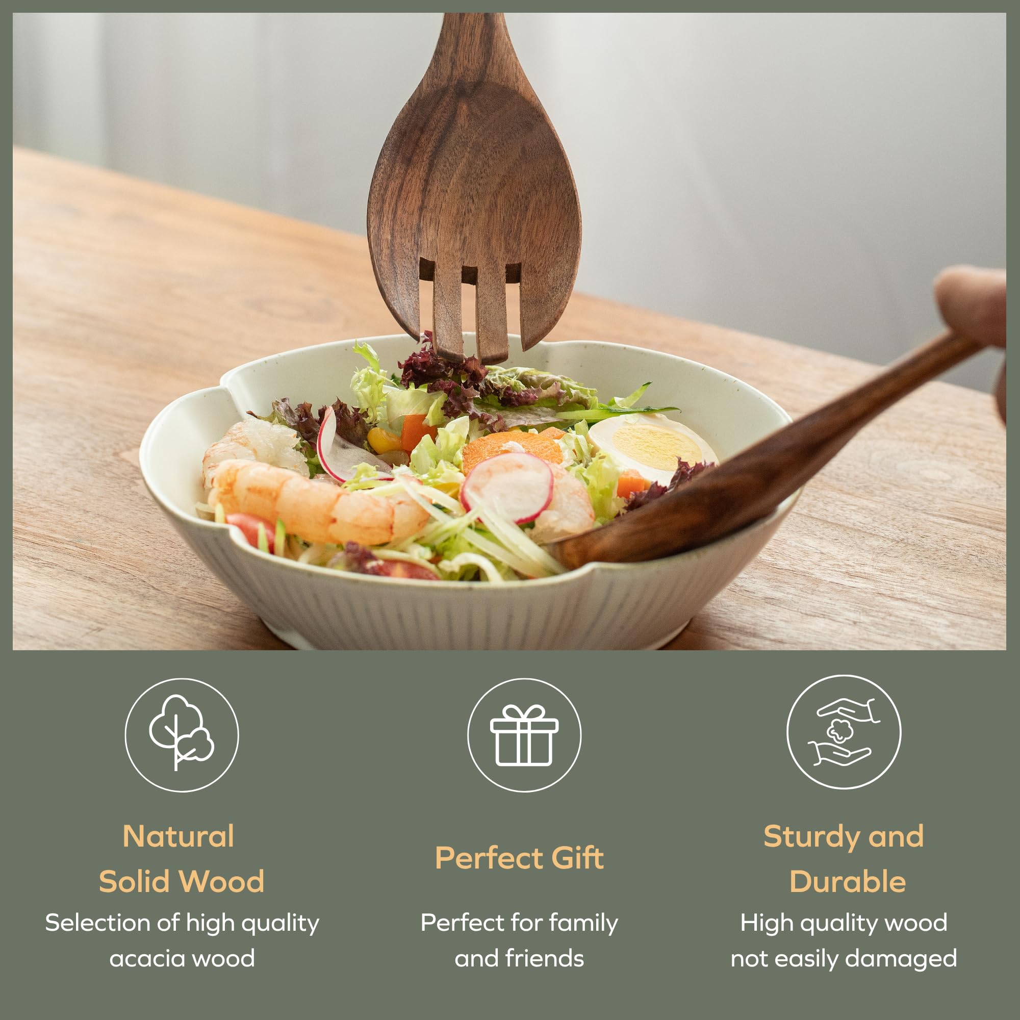 Muso Wood Acacia salad servers in use during a casual family salad time.