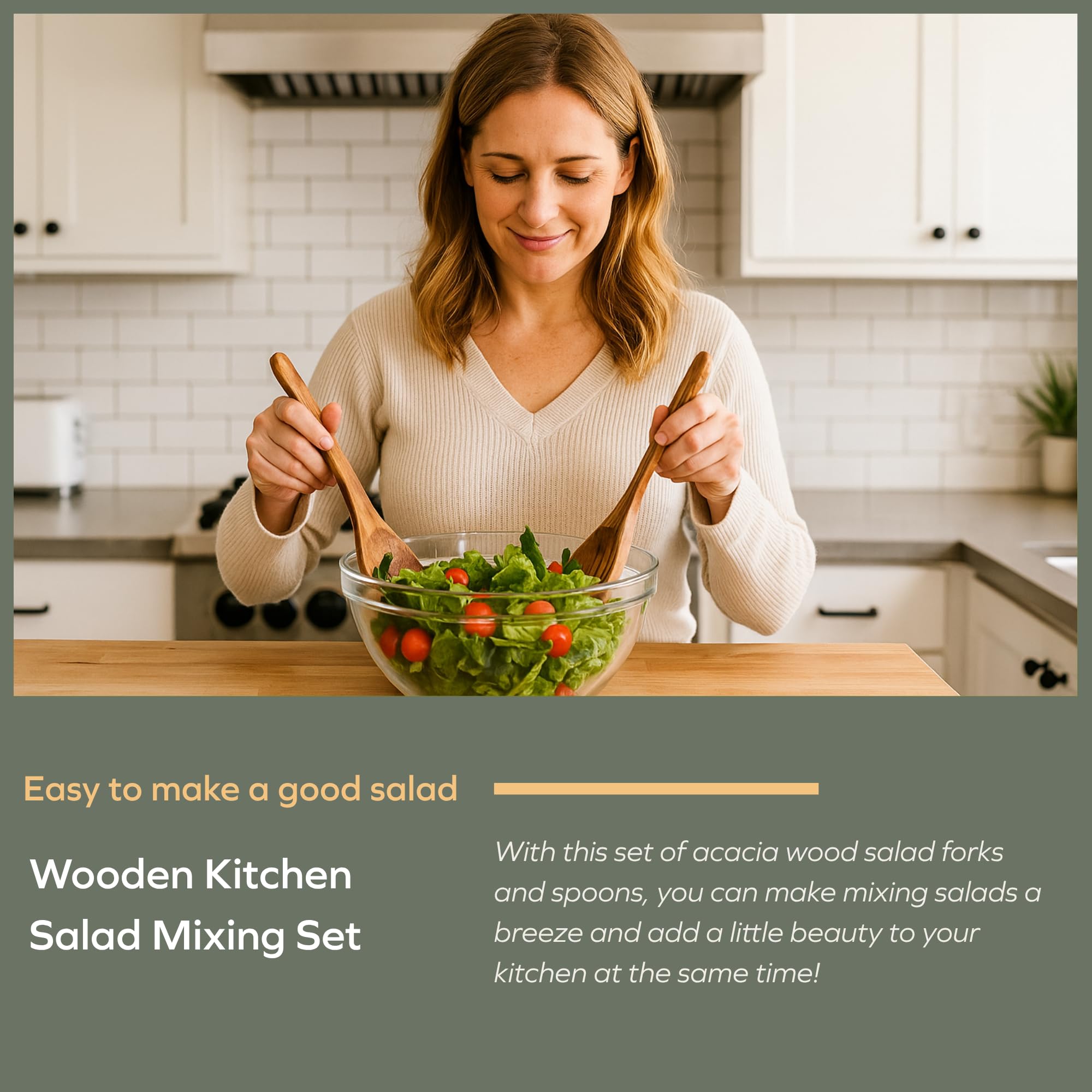 Muso Wood Acacia salad servers hanging-hole design for convenient kitchen storage.