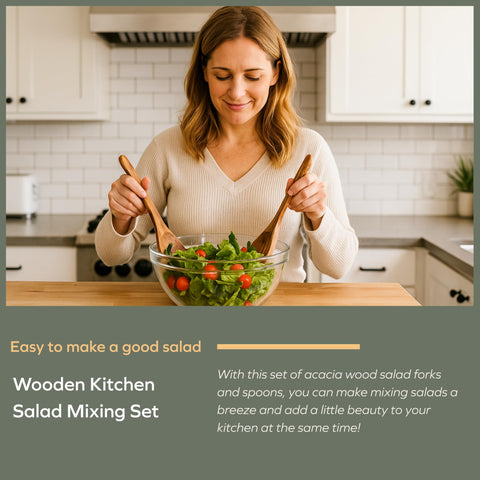 Muso Wood Acacia salad servers hanging-hole design for convenient kitchen storage.