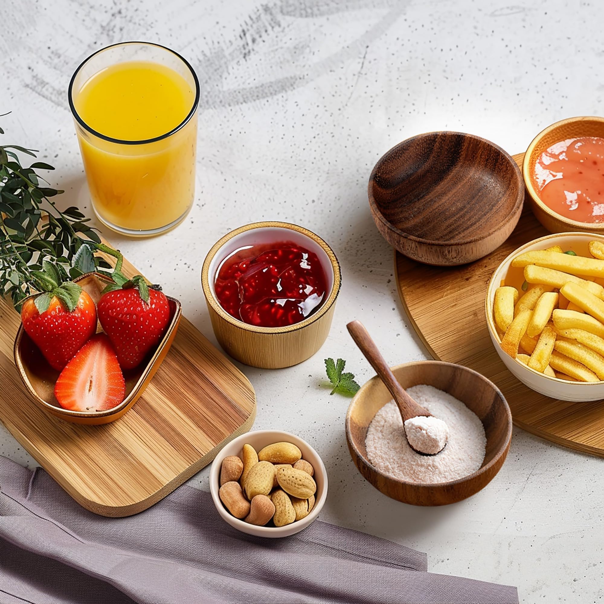 Muso Wood acacia sauce dishes highlight a durable, stylish condiment serving option.