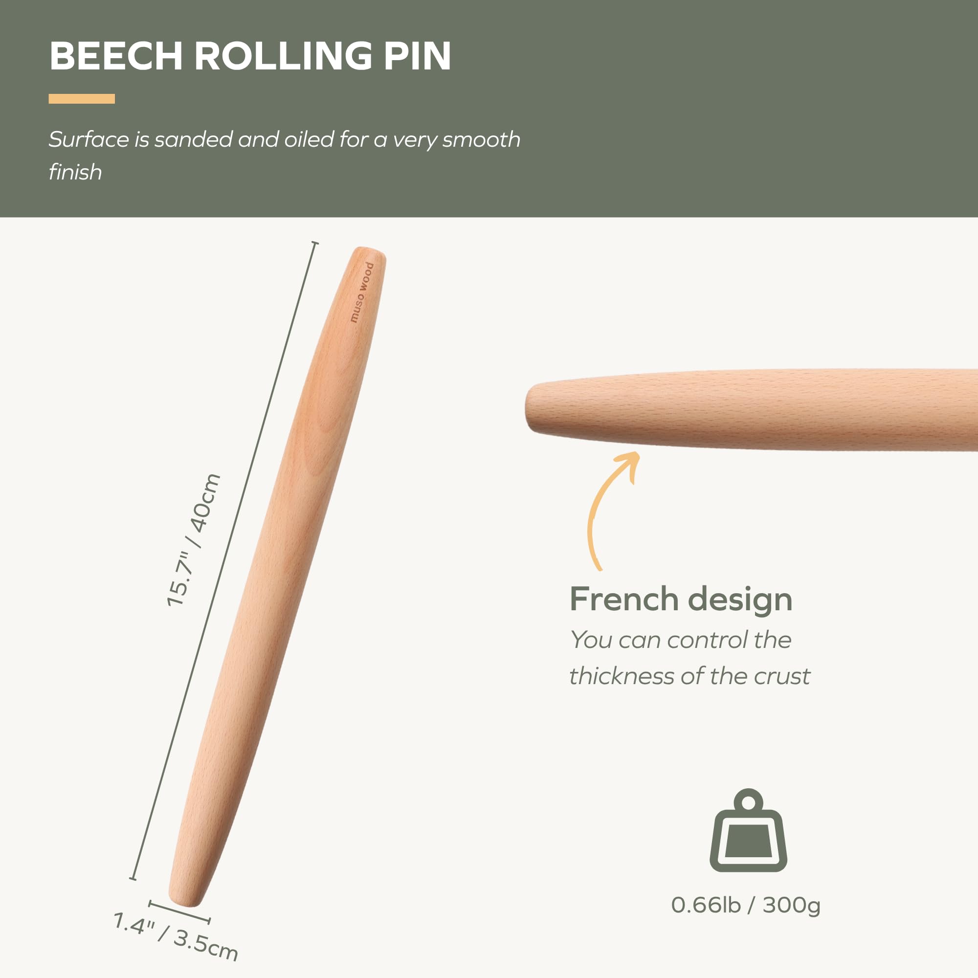 Muso Wood beech rolling pin with tapered ends for effortless shaping