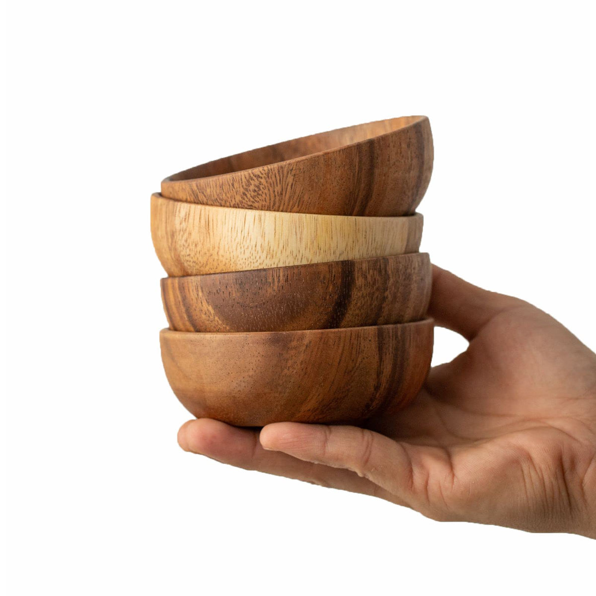 Muso Wood dipping bowls 4-pack showing natural acacia grain for sauces and appetizers.