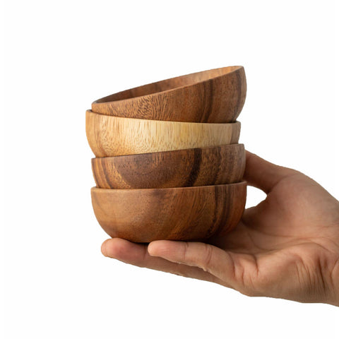 Muso Wood dipping bowls 4-pack showing natural acacia grain for sauces and appetizers.