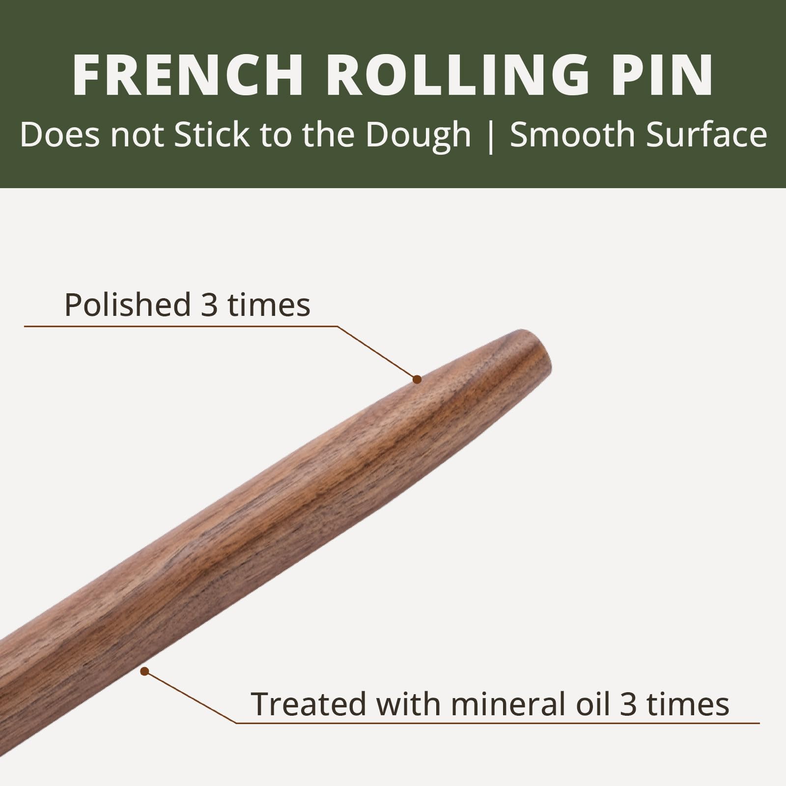 Muso Wood French rolling pin demonstrates dough control without guide rings.