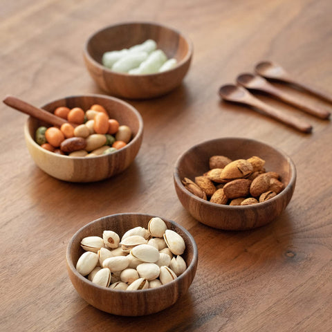 Muso Wood compact dipping bowls suited for ketchup, olives, salsa, and dressings.