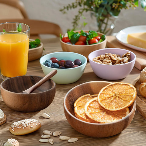 Muso Wood natural wood grain enhances rustic presentation for dips and nuts.