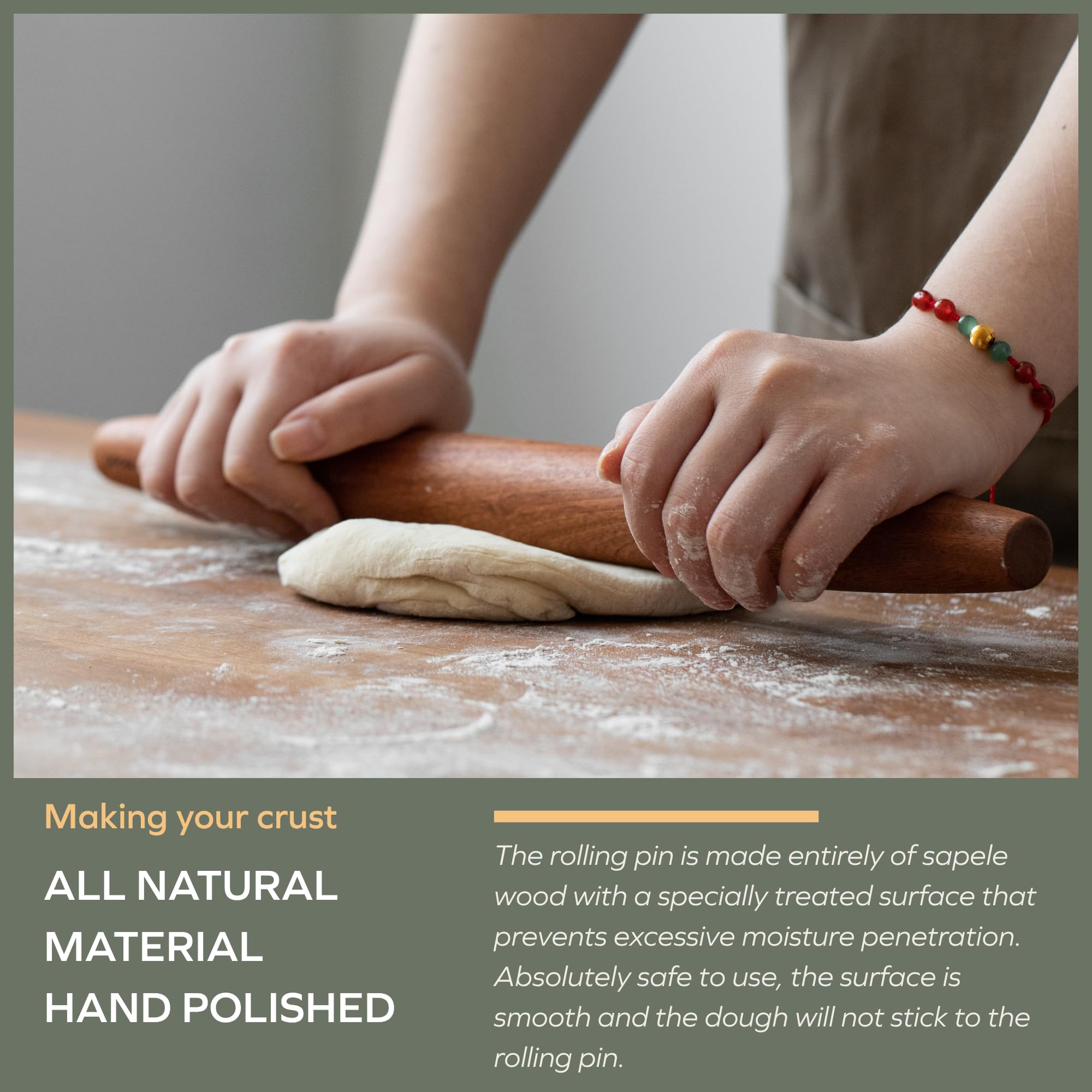 Muso Wood Sapele 17.5 inch pin supports restaurant-grade dough preparation.