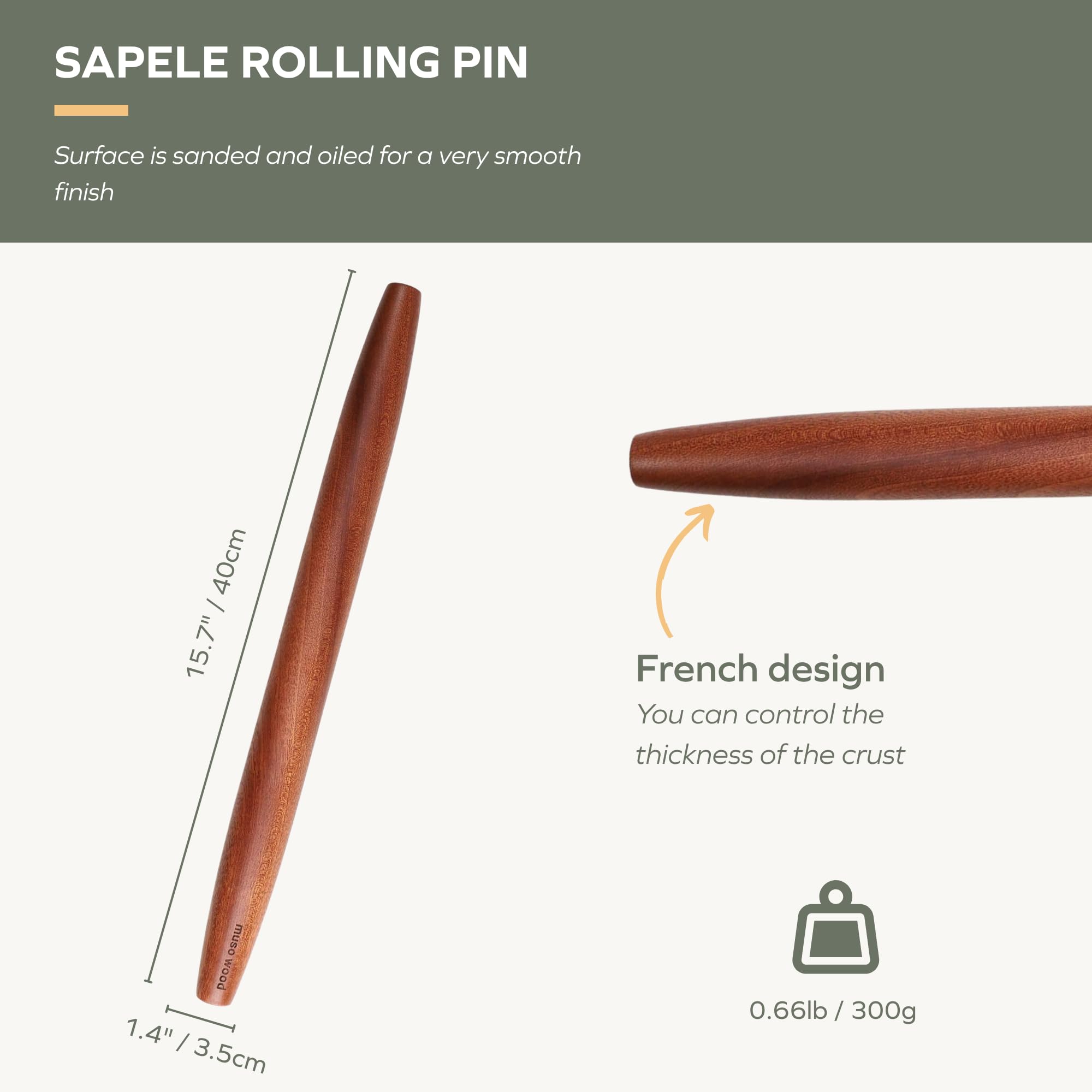 Muso Wood Sapele rolling pin ideal for even pie crusts
