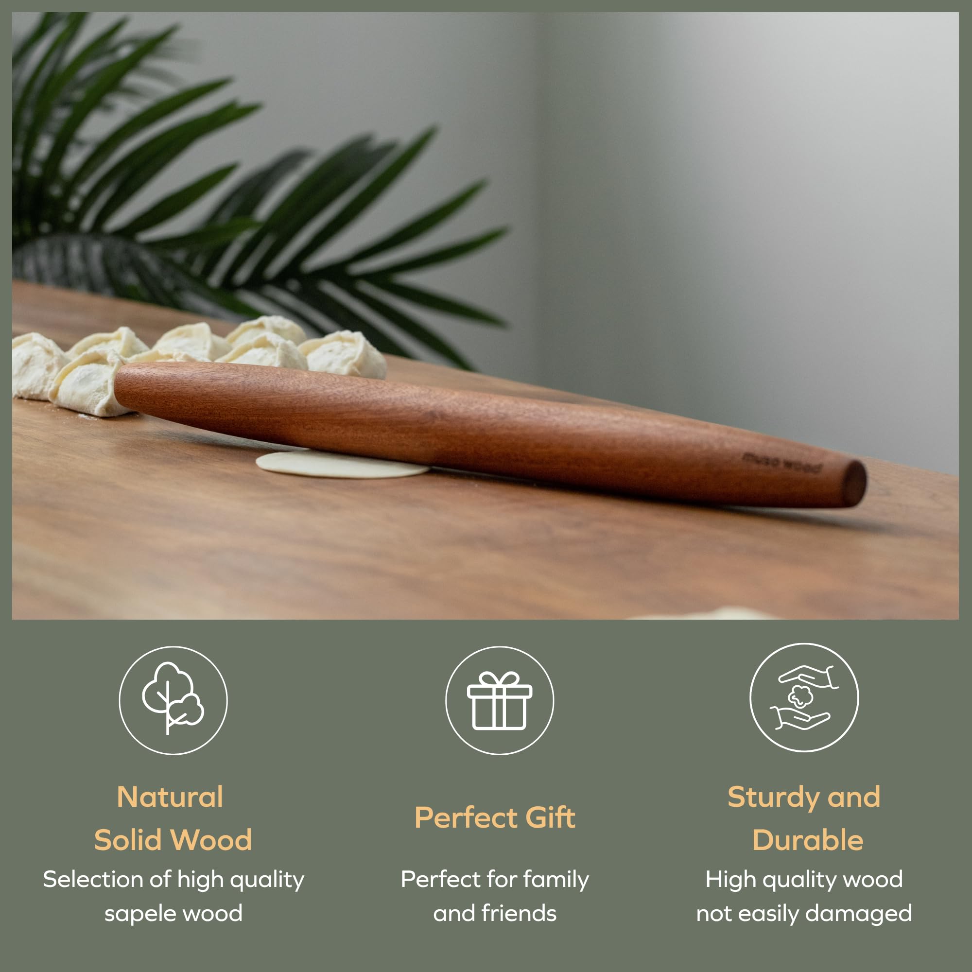 Muso Wood Sapele rolling pin stored compactly at 15-3/4 inch length