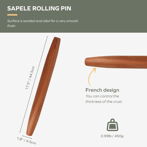 Muso Wood Sapele rolling pin with tapered ends enables easy cleaning and handling.