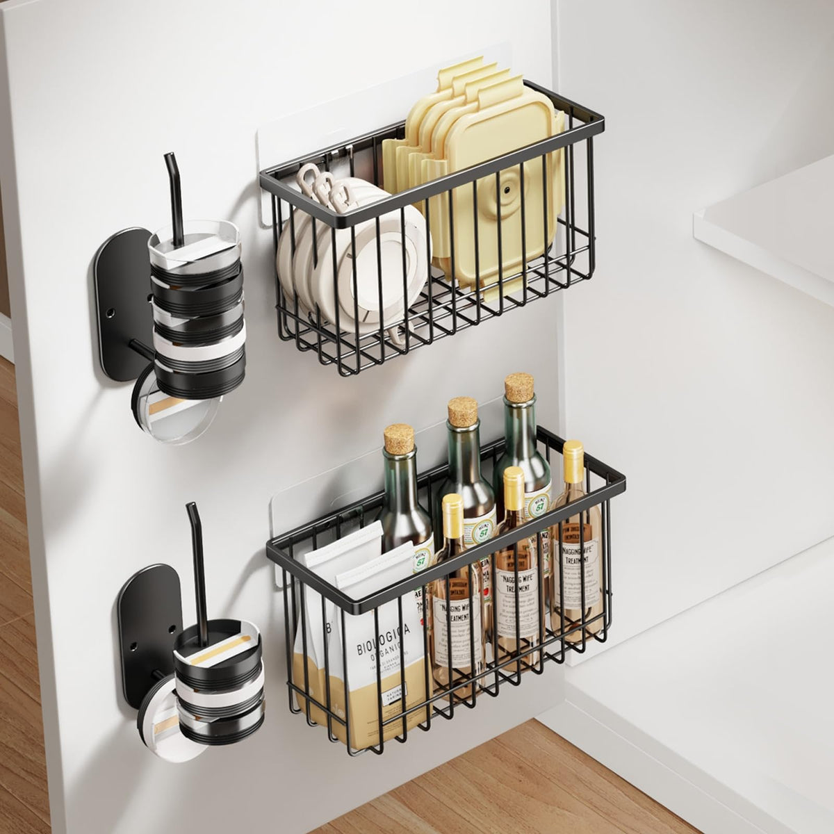 Mustorn adhesive cabinet door organizer on a kitchen door for easy lid access