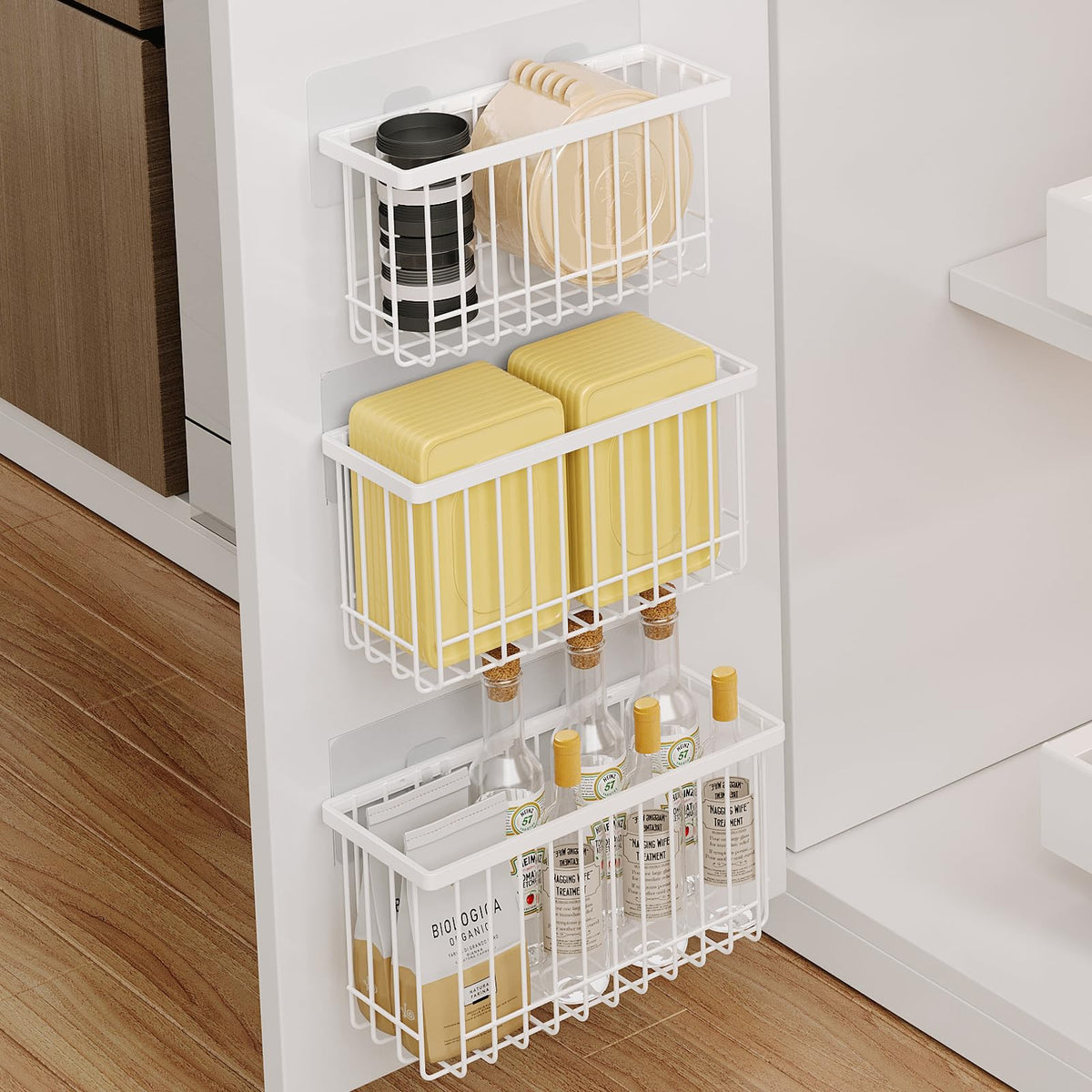 Mustorn cabinet door lid organizer with two baskets and lid holders for tidy lids.