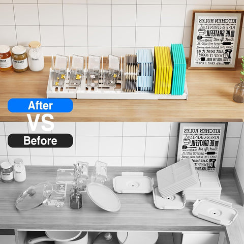 Mustorn easy-assembly kitchen organizer installs without tools and stores away compactly.