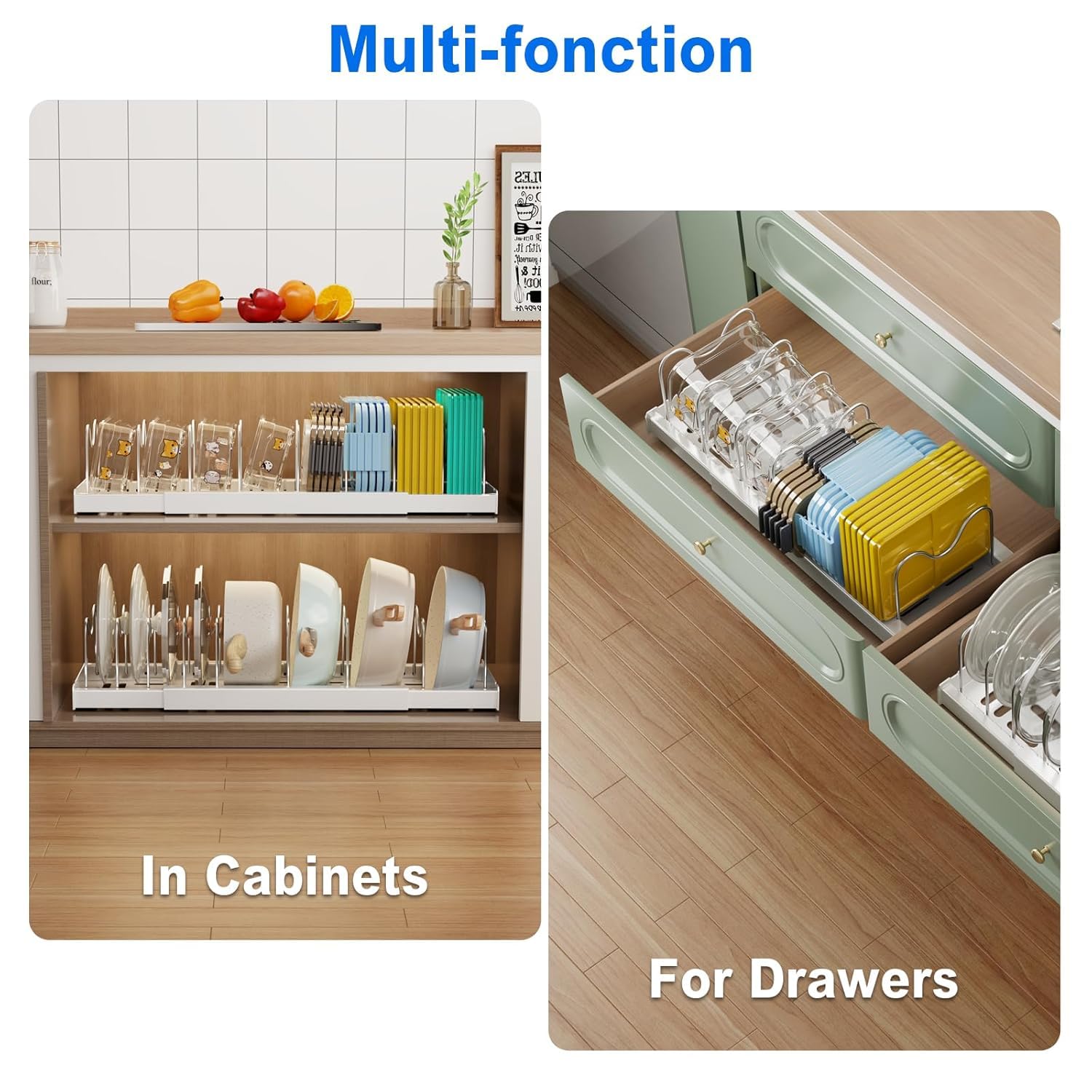 Mustorn expandable lid rack extended to fit large cabinets and countertops.