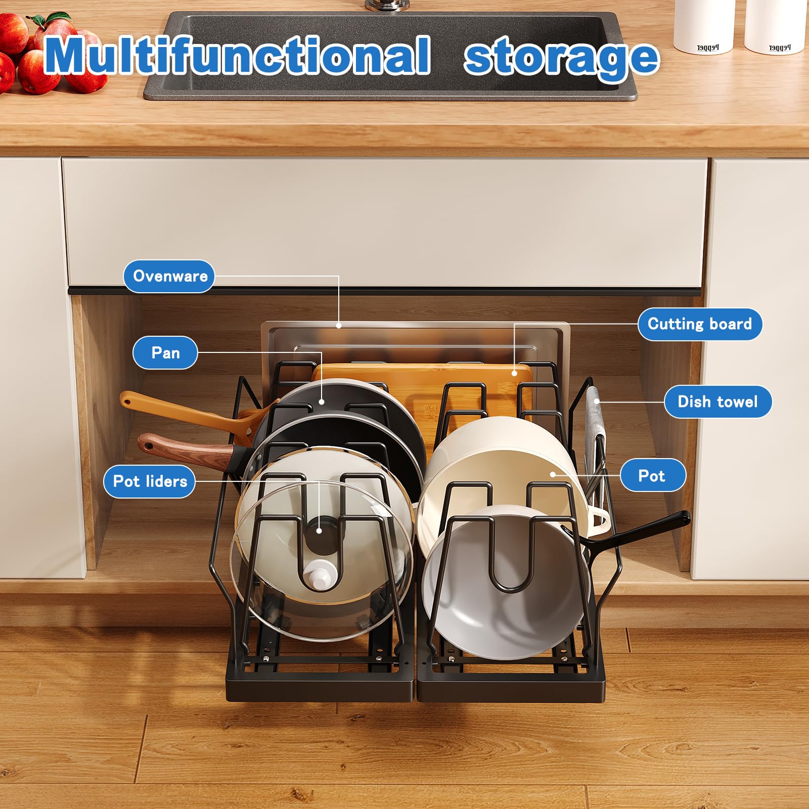 Mustorn adjustable guardrail supports pot handles for safe, stable nesting of cookware.