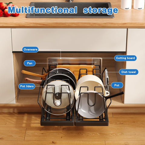 Mustorn adjustable guardrail supports pot handles for safe, stable nesting of cookware.