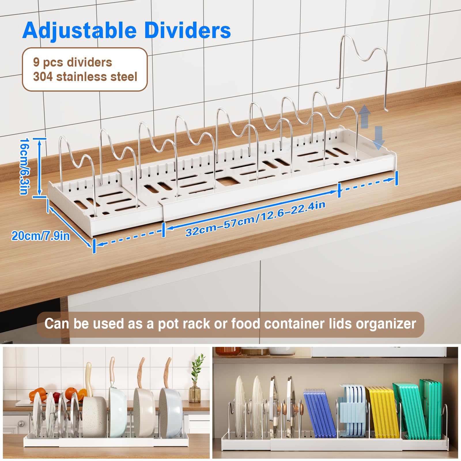 Mustorn kitchen organizer with nine adjustable stainless steel dividers for different pot sizes.